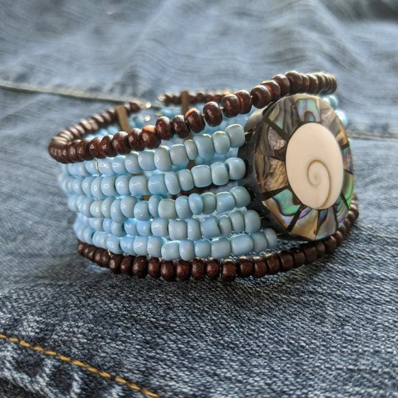 Abalone Shell Inlay Seed Bead Cuff - Picture 5 of 6